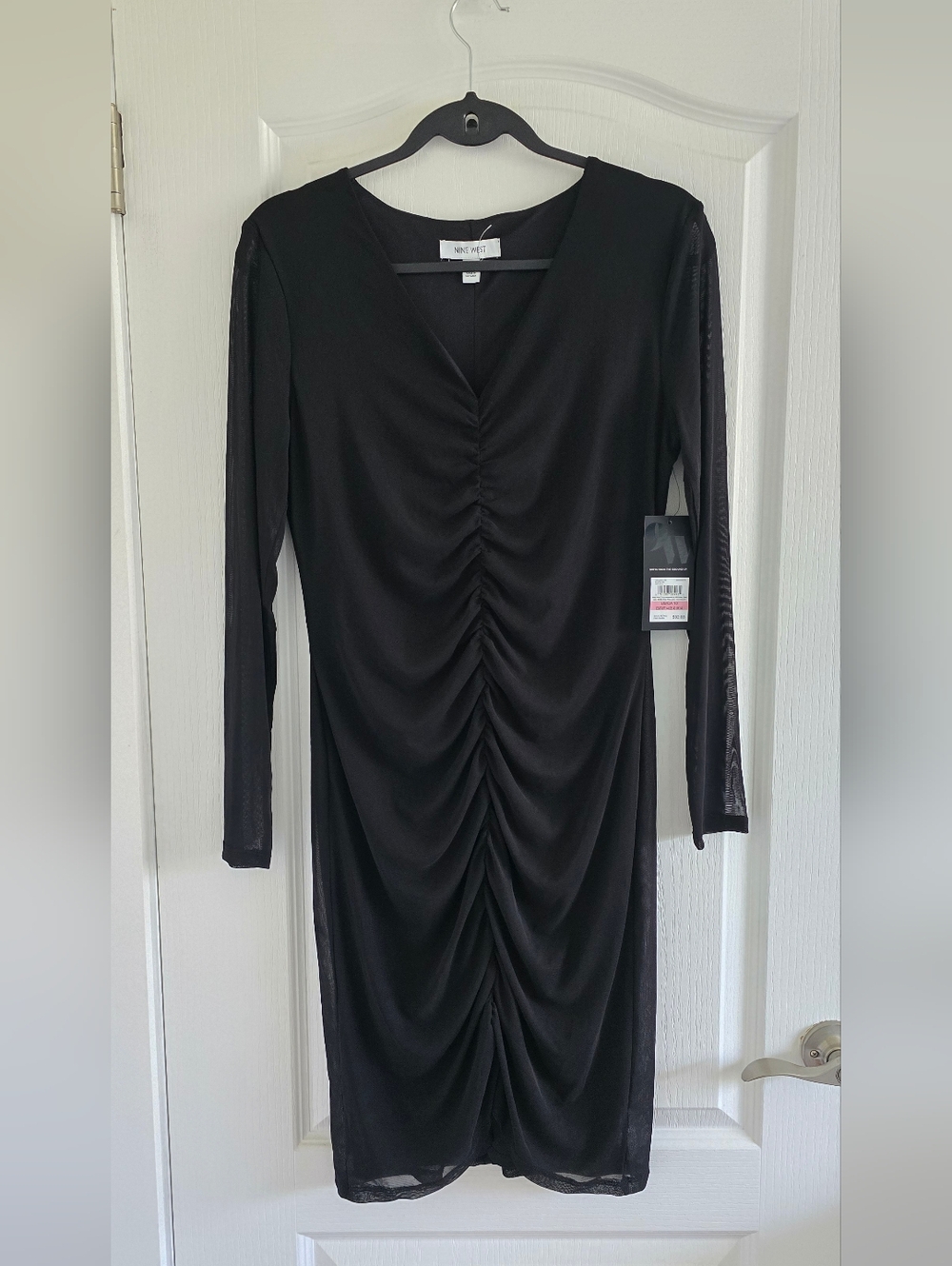 Nine West Black Ruched V-Neck Long-Sleeve Dress